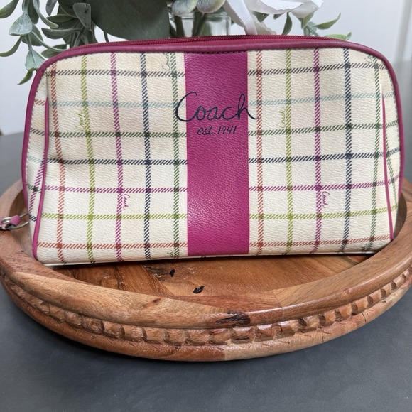 Coach Peyton Tattersall Coated Canvas and Leather Plaid Pink Stripe Cosmetic Bag - Picture 1 of 6